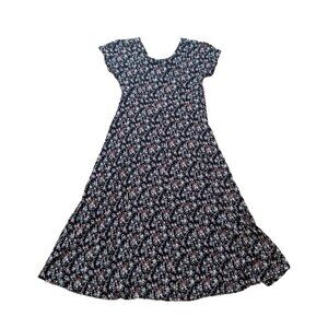 Cimmaron Black Pink Floral Rayon Short Sleeve Size 12 Vintage Cottagecore Dress